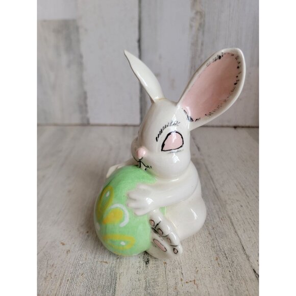 Vintage sitting rabbit egg holding bunny Easter spring decor figure - Picture 2 of 8